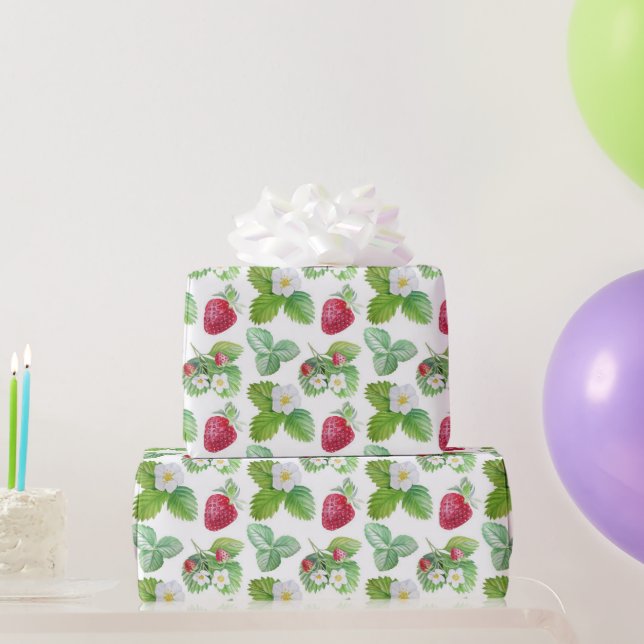 Papel De Presente Padrão de Morango de Aquarela (Presentes para festas)