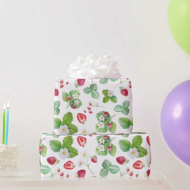 Papel De Presente Padrão de Morango de Aquarela (Presentes para festas)
