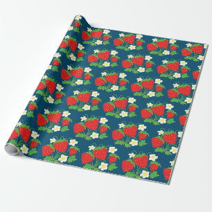 Papel De Presente Padrão de Morango e Flores Azul