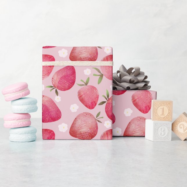 Papel De Presente Padrão de morango em aquarela vermelha e rosa mode (Chá de bebê)