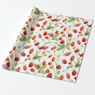 Papel De Presente Padrão de Morango Selvagem de Aquarela