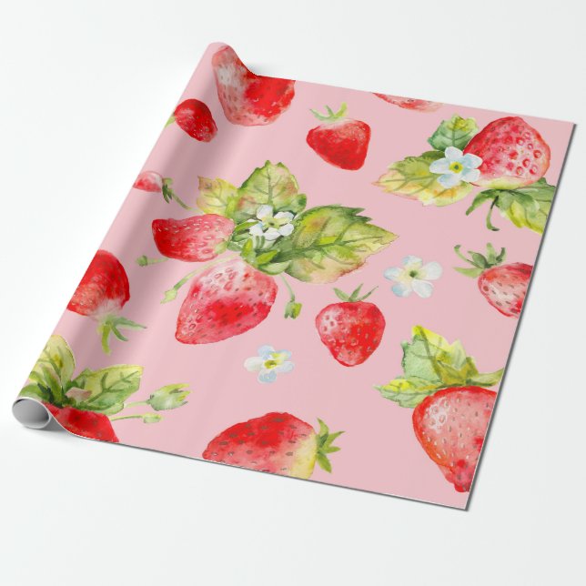 Papel De Presente padrão de morango sem costura de aquarela (Desenrolado)