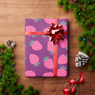 Papel De Presente padrão de morango suculento rosa fundo roxo