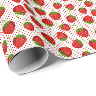 Papel De Presente Padrão de Morango Vermelho e Pontos