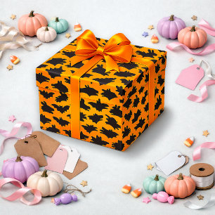 Papel De Presente Padrão de Morcego de Halloween Laranja de Teatro d