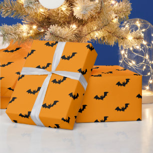 Papel De Presente Padrão de Morcego Negro e laranja do Halloween