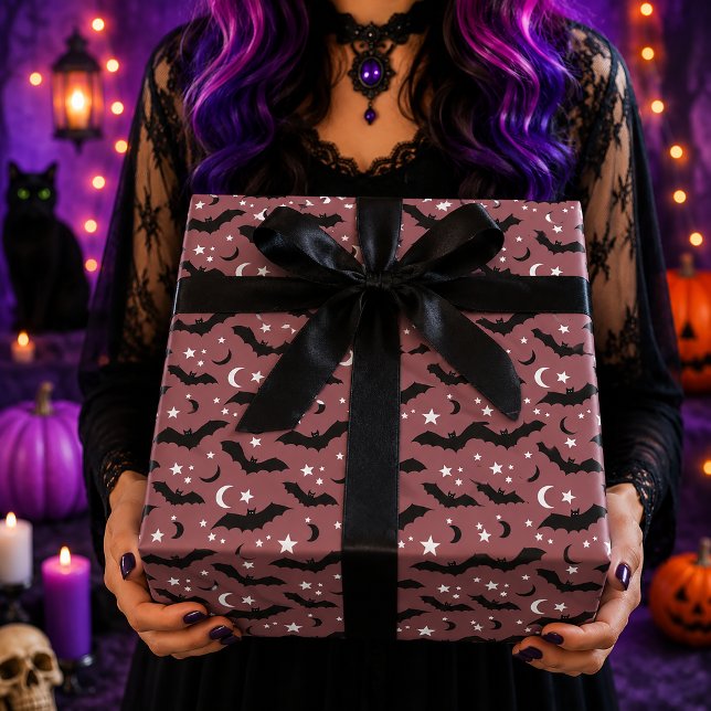 Papel De Presente Padrão de Morcegos Rosa Mauve Gótico Estrelas Lua (Criador carregado)