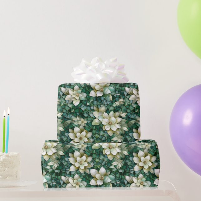 Papel De Presente Padrão de mosaico de flores verdes e creme elegant (Presentes para festas)