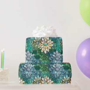 Papel De Presente Padrão de mosaico de flores verdes e creme elegant