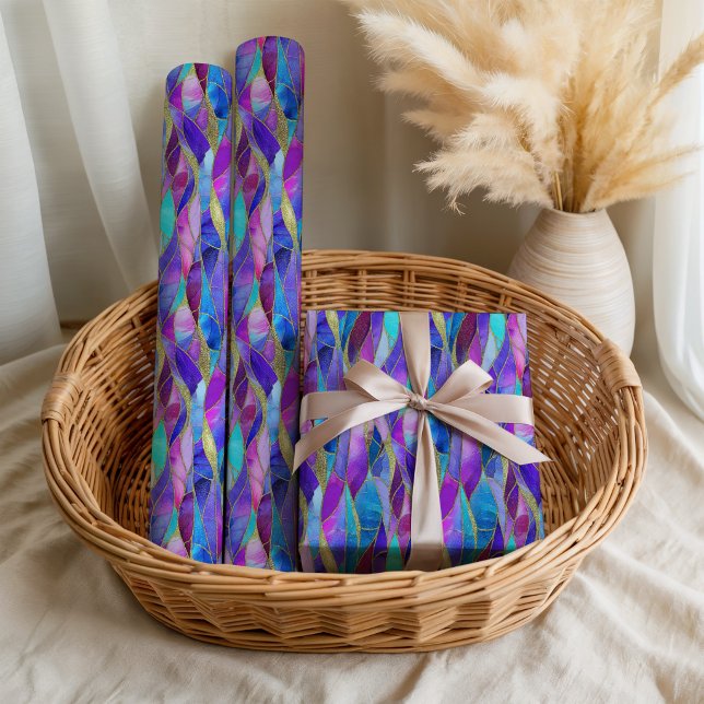 Papel De Presente Padrão de mosaico de vitral em roxo e azul (Criador carregado)