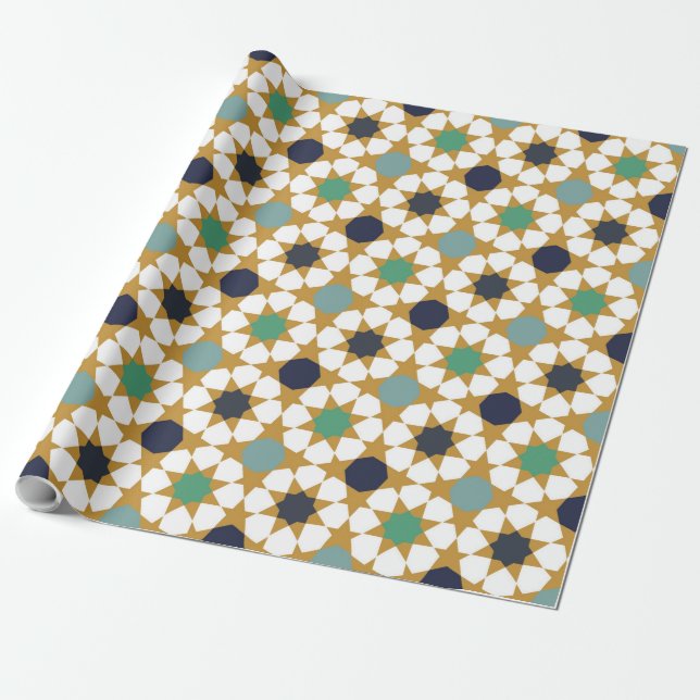 Papel De Presente Padrão de Motif Dourado Geométrico Azul Islâmico (Desenrolado)
