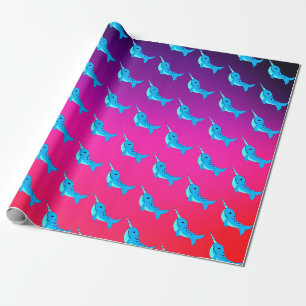 Papel De Presente Padrão de narvais azuis de cartoon no azul Marinho