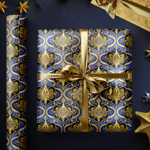 Papel De Presente Padrão de Natal Blue Gold #30 ID1009