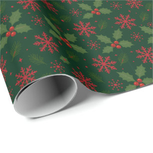 Papel De Presente Padrão de Natal com Folhas de Azevinho e Flocos de