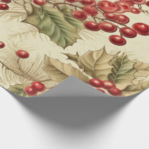 Papel De Presente Padrão de Natal com Poinsettia e Frutas Vintage