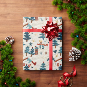 Papel De Presente Padrão De Natal Com Um Homem De Neve E Árvores
