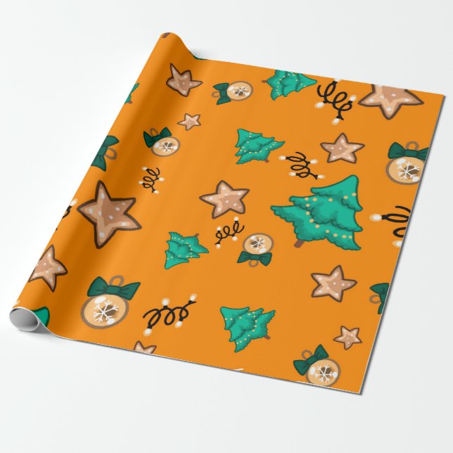 Papel De Presente Padrão de Natal com velas, Tangerinesbackgrou (Desenrolado)