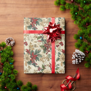 Papel De Presente Padrão de Natal da Flor Vermelha e Dourada
