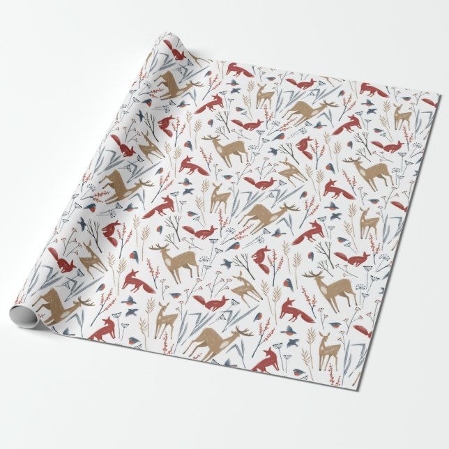 Papel De Presente Padrão de Natal de Animais e Plantas de Inverno (Desenrolado)