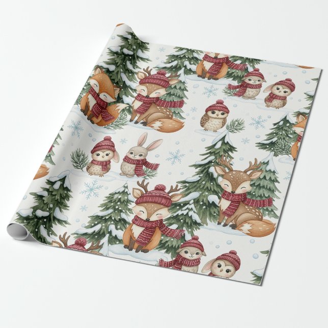 Papel De Presente Padrão de Natal de Animais Fofos da Floresta de In (Desenrolado)