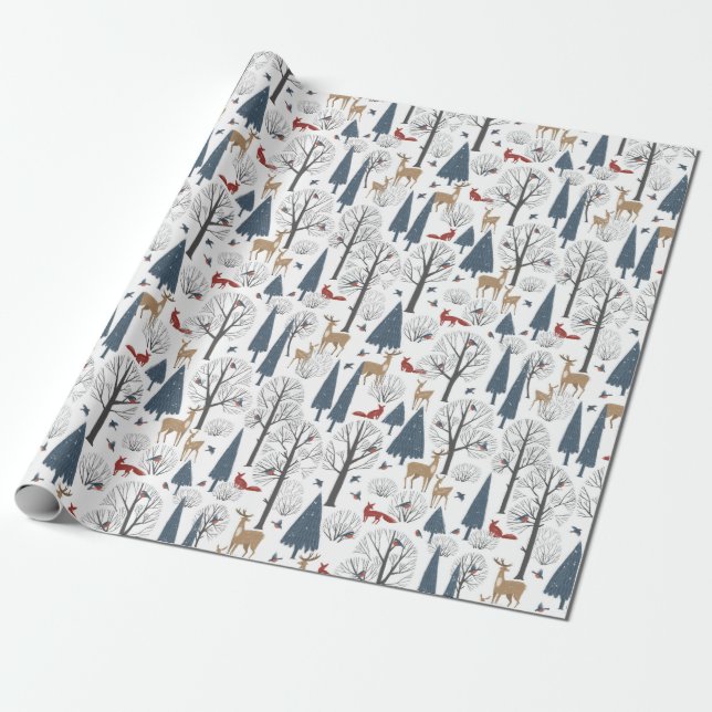 Papel De Presente Padrão de Natal de Animais na Floresta de Inverno (Desenrolado)