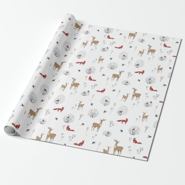 Papel De Presente Padrão de Natal de Animais Selvagens no Inverno (Desenrolado)