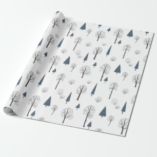 Papel De Presente Padrão de Natal de Árvores Azuis e Pretas no Branc
