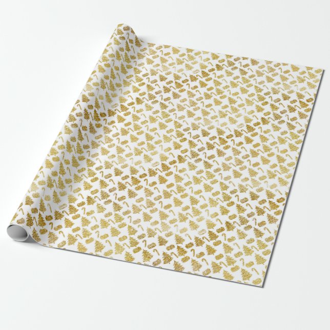 Papel De Presente Padrão de Natal de Árvores e Doces. Dourado em (Desenrolado)
