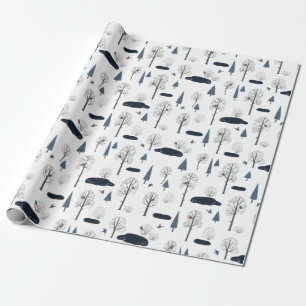 Papel De Presente Padrão de Natal de Árvores, Lagos, Pássaros na Nev