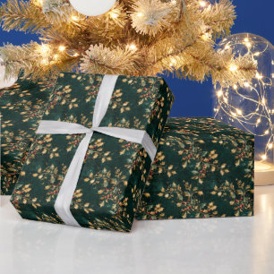 Papel De Presente Padrão de Natal de Azevinho Dourado e Verde
