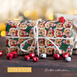 Papel De Presente Padrão de Natal de Cachorro Golden Retriever Engra