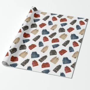 Papel De Presente Padrão de Natal de Edifícios Coloridos no Branco