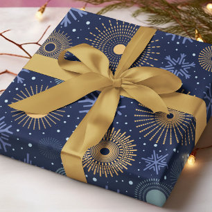 Papel De Presente Padrão de Natal de Floco de Neve Azul Dourado