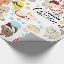 Papel De Presente Padrão de Natal de Gatos Fofos Patas, Texto de Flo