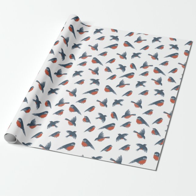 Papel De Presente Padrão de Natal de Pássaros Robin Vermelhos em Bra (Desenrolado)