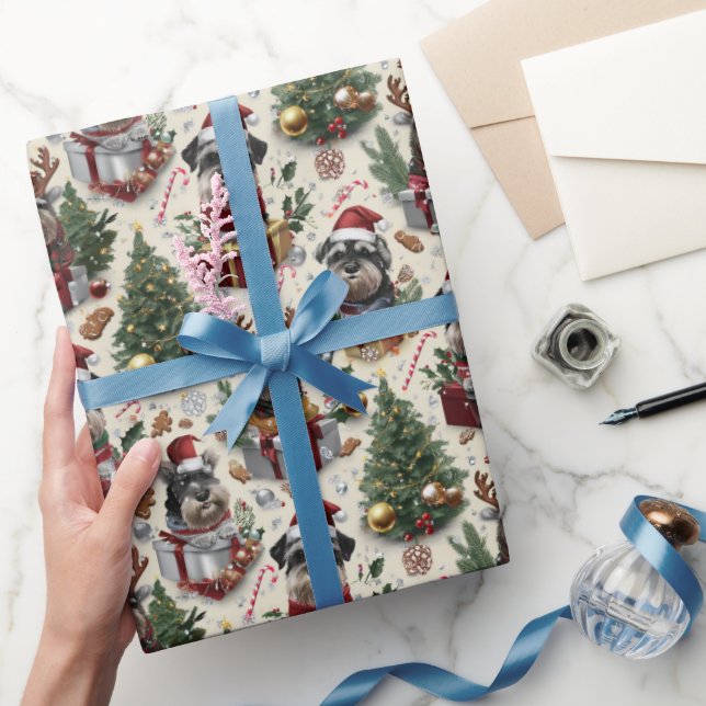 Papel De Presente Padrão de Natal de Schnauzer com Chapéu de Papai N (Presentear)