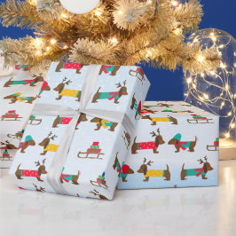 Papel De Presente Padrão de Natal de Trenó de Rena Dachshunds Neve 