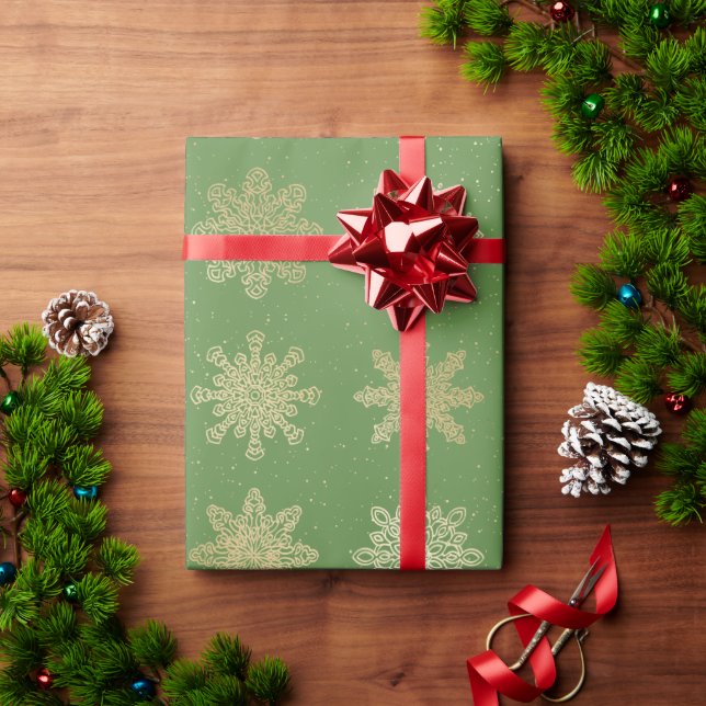 Papel De Presente Padrão de Natal do Floco de Neve Dourado e Verde E (Presente de Natal)