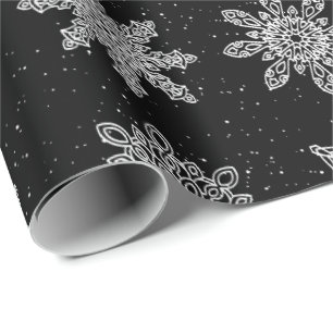 Papel De Presente Padrão de Natal do Floco de Neve Preto e Branco