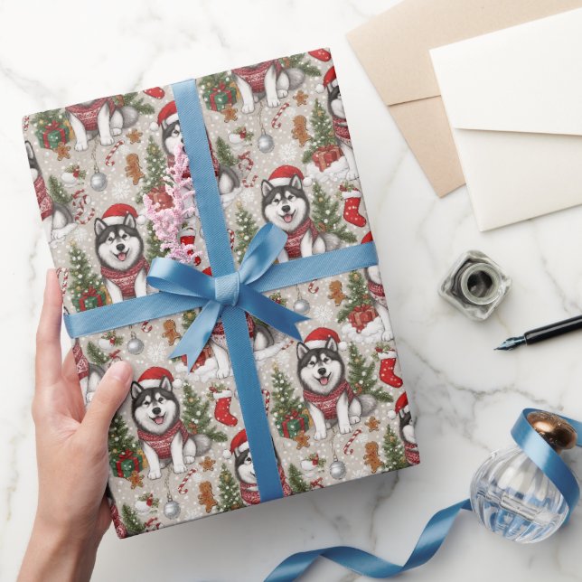 Papel De Presente Padrão de Natal do Malamute do Alasca (Presentear)