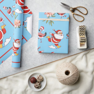 Papel De Presente Padrão de Natal do Papai Noel Flamingo Tropical