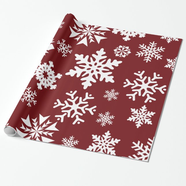 Papel De Presente Padrão de Natal dos Flocos de Neve Brancos Vermelh (Desenrolado)