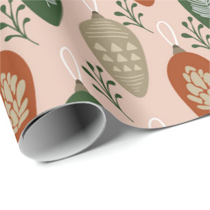 Papel De Presente Padrão de Natal dos Ornamentos Verdes e Rosa Retr