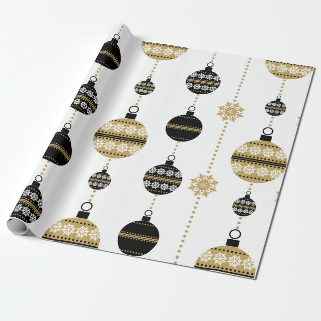 Papel De Presente Padrão de Natal Dourado/Preto/Branco (Desenrolado)