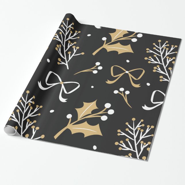 Papel De Presente Padrão de Natal Elegante Black Mistletoe Ribbon (Desenrolado)