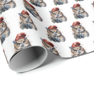 Papel De Presente Padrão de Natal em Aquarela com Coruja e Chapéu de