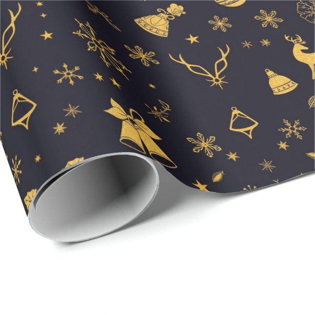 Papel De Presente Padrão de Natal em Dourado Elegante (Ponta do rolo)