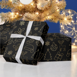 Papel De Presente Padrão de Natal em Folha de Ouro e Preto Elegante