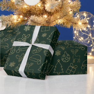Papel De Presente Padrão de Natal em Folha Dourada e Verde Elegante