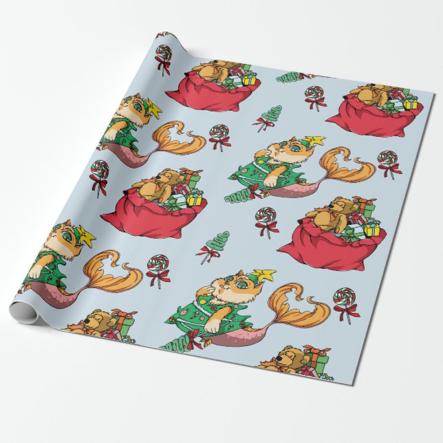 Papel De Presente Padrão de Natal Engraçado Gato de Sereia (Desenrolado)
